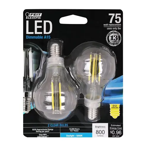 Feit Electric BPA1575C850FIL2 2 LED Light Bulb, A15 Lamp, 75 W Equivalent, E12 Candelabra Lamp Base, Dimmable, Clear Pair