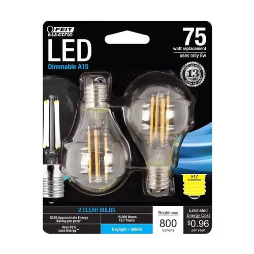 Feit Electric BPA1575N850FIL2 2 LED Bulb, General Purpose, A15 Lamp, 75 W Equivalent, E17 Lamp Base, Dimmable Pair Clear