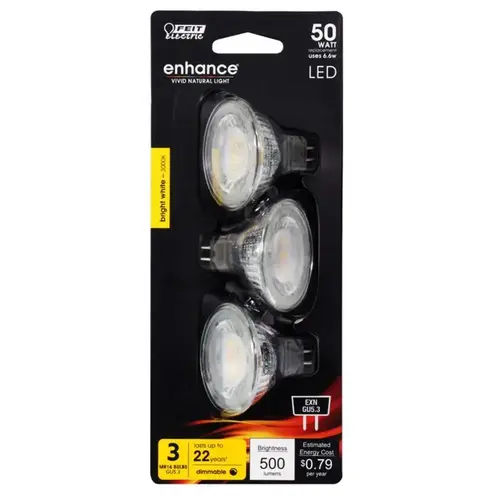 Feit Electric BPEXN/930CA/3 LED Bulb, Track/Recessed, MR16 Lamp, 50 W Equivalent, GU5.3 Lamp Base, Dimmable, Silver Clear - pack of 3
