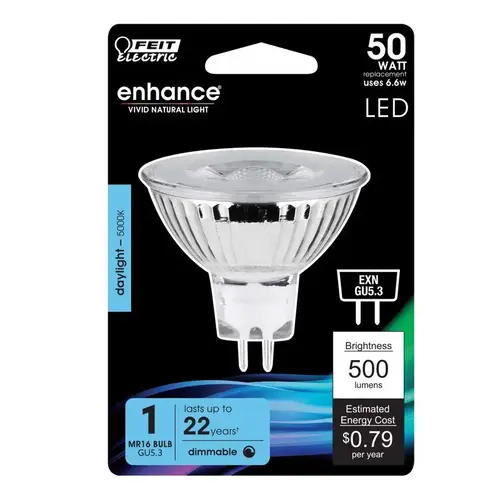 Feit Electric BPEXN/950CA LED Bulb, Track/Recessed, MR16 Lamp, 50 W Equivalent, GU5.3 Lamp Base, Dimmable, Clear