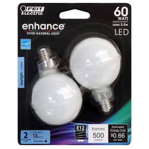 Feit Electric BPG1660W95CAFL2 Filament LED Bulb Enhance G16.5 E12 (Candelabra) Daylight 60 W White Pair