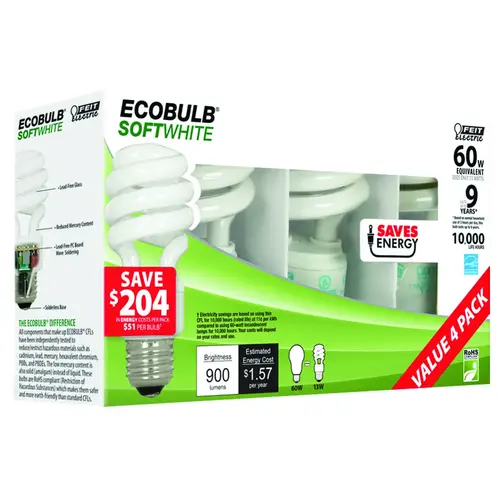 Feit Electric ESL13T/4 Compact Fluorescent Bulb, 13 W, Spiral Lamp, Medium E26 Lamp Base, 900 Lumens, 2700 K Color Temp Clear - pack of 4