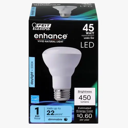 Feit Electric R20DM/950CA LED Bulb, Flood/Spotlight, R20 Lamp, 45 W Equivalent, E26 Lamp Base, Dimmable, Daylight Light Clear