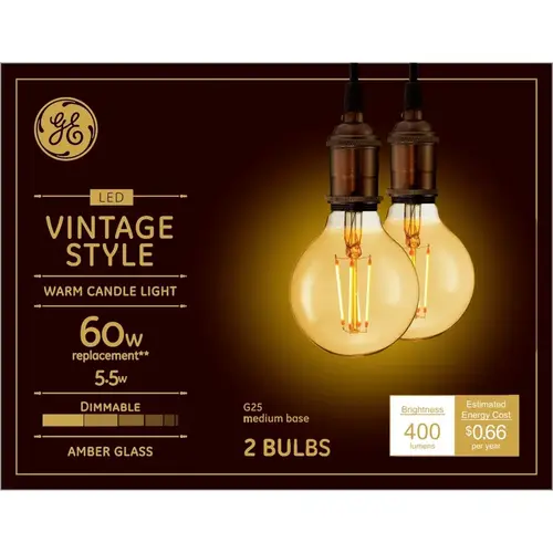 GE 42179 Filament LED Bulb G25 E26 (Medium) Amber Warm White 60 W Transparent Amber Pair