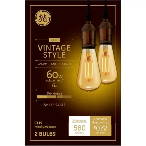 GE 42200 Filament LED Bulb ST19 E26 (Medium) Amber Warm White 60 W Transparent Amber Pair