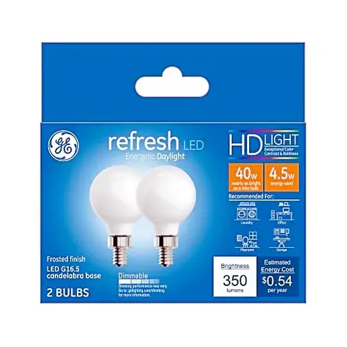 GE 45715 LED Bulb Refresh G16.5 E12 (Candelabra) Daylight 40 W Frosted Pair