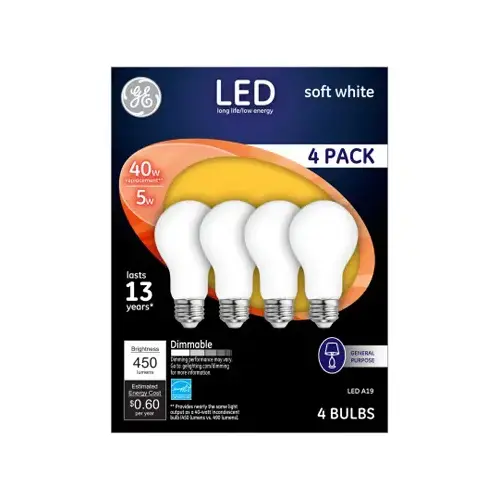 GE 93098311 LED Bulb A19 E26 (Medium) Soft White 40 Watt Equivalence Frosted