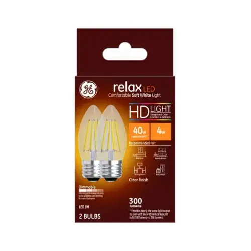 GE Lighting 31753 Relax HD Decorative LED Light Bulbs, Soft White, Clear, 300 Lumens, 4-Watts Pair