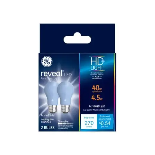 GE Lighting 31885 LED Ceiling Fan Light Bulbs, A15, Pure White Frosted, 270 Lumens, 4.5-Watts Pair