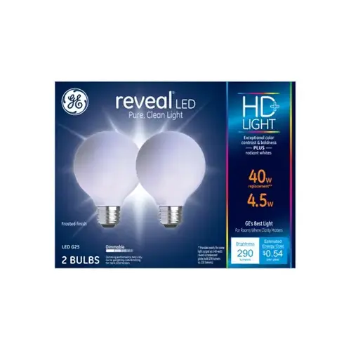 GE Lighting 31887 LED Reveal Globe Light Bulbs, G25, Frosted Pure White, 290 Lumens, 4.5-Watts Pair