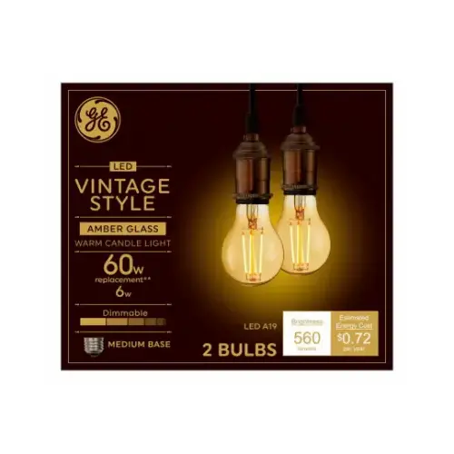 GE Lighting 33535 LED Vintage Light Bulbs, A19, Medium Base, 6 Watts pair