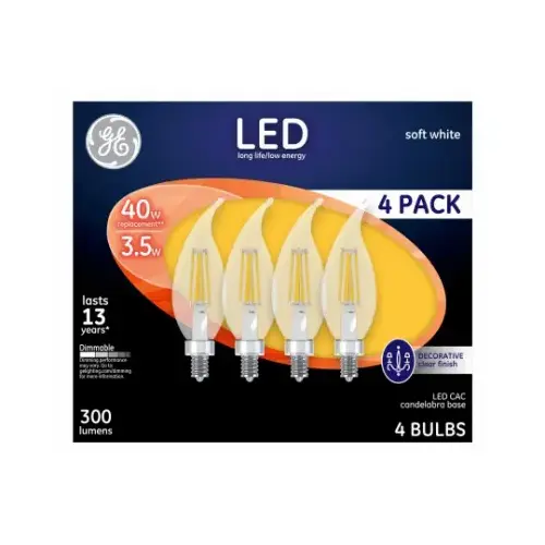 GE Lighting 92674 LED Candelabra Light Bulbs, Soft White, Clear, 300 Lumens, 3.5-Watts - pack of 4