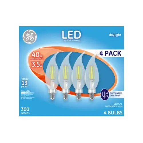 GE Lighting 92680 Decorative LED Light Bulbs, Candelabra Base, Daylight, Clear, 300 Lumens, 3.5-Watts - pack of 4