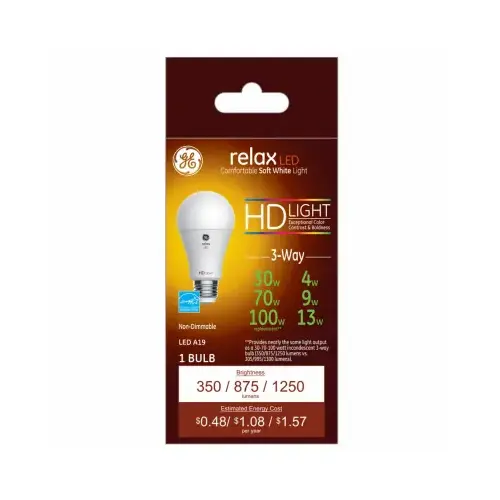 GE Lighting 93126862 Relax HD LED 3-Way Light Bulb, Soft White, 4/7/13-Watts