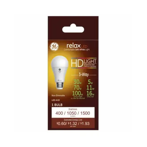 GE Lighting 93127692 Relax HD 3-Way LED Light Bulb, Soft White, 5/11/16-Watts