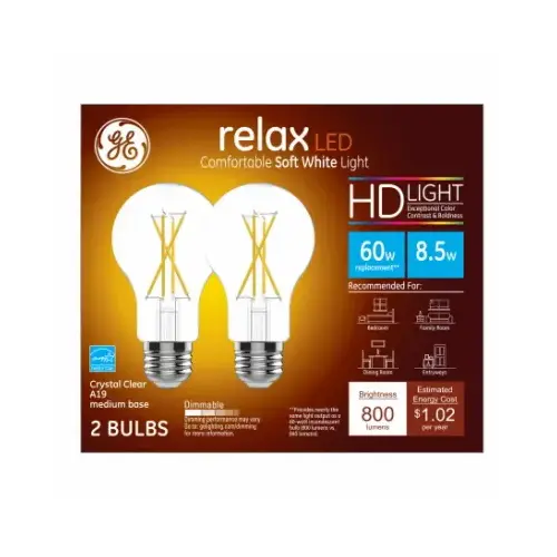 GE Lighting 93129016 LED Bulb, neral-Purpose, A19 Lamp, 60 W Equivalent, E24/E26 Medium Lamp Base, Dimmable, Soft White Light Pair