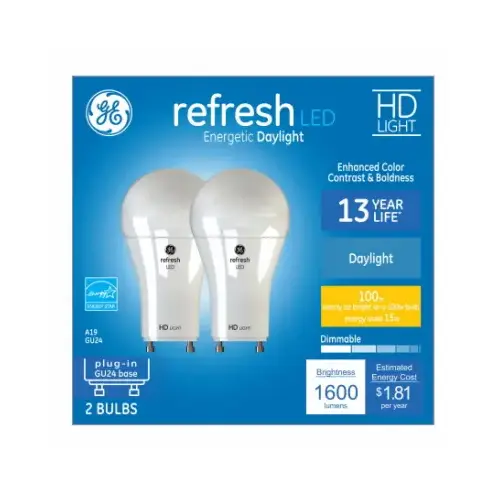 GE Lighting 93129021 LED Bulb, A19 Lamp, 100 W Equivalent, GU24 Lamp Base, Dimmable, DayLight, 5000 K Color Temp Pair