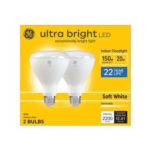 GE Lighting 93130933 LED Ultra Bright Indoor Floodlight, Soft White, BR30 Medium Base, 20 Watts - pair