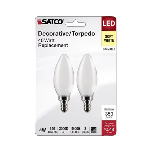 Satco S21824 Filament LED Bulb B11 E12 (Candelabra) Soft White 40 Watt Equivalence Frosted
