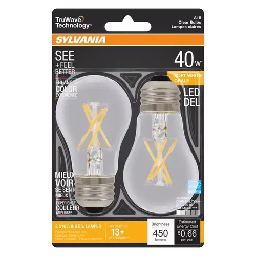 Sylvania 40761 Natural LED Bulb, General Purpose, A15 Lamp, 40 W Equivalent, E26 Lamp Base, Dimmable, Clear Pair
