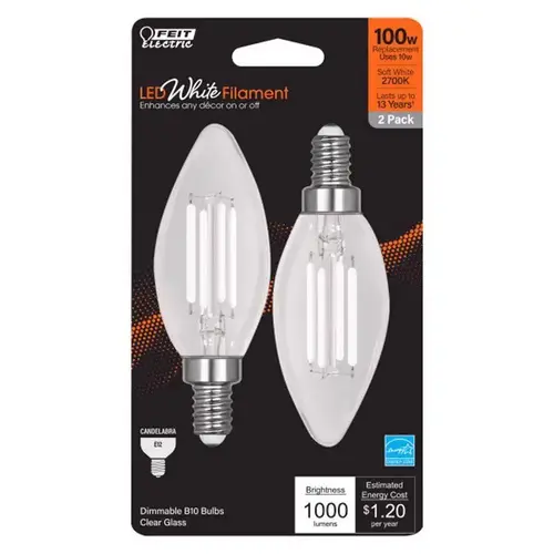 Feit BPCTC100927WFL2 Filament LED Bulb B10 E12 (Candelabra) Soft White 100 Watt Equivalence Clear