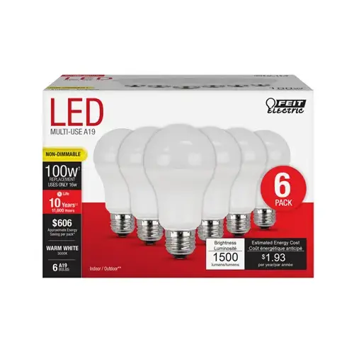 Feit Electric A1600/930/10KLED/6 LED Light Bulbs, A19, Warm White, 1500 Lumens, 14.7-Watts - pack of 6