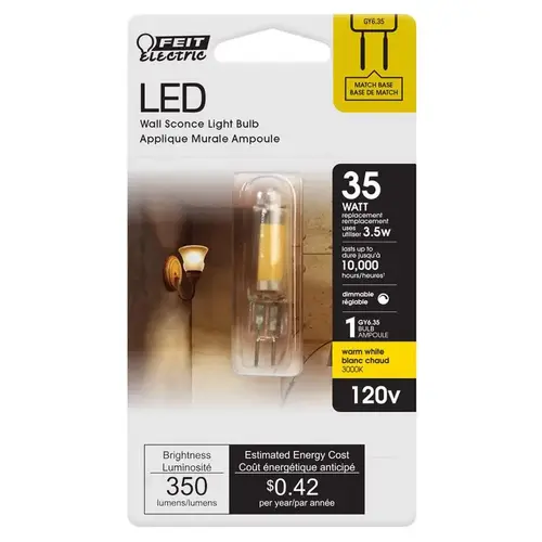 Feit Electric BP35JCD/830/LED GY6.35/LED/CAN LED Lamp, Specialty, 20 W Equivalent, GY6.35 Lamp Base, Warm White Light, 3000 K Color Temp Clear