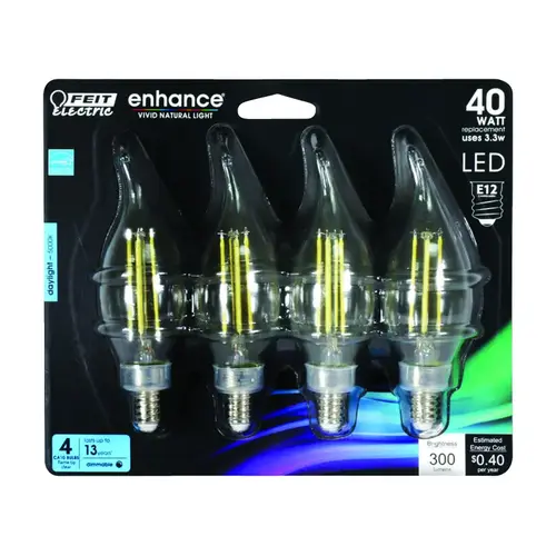 Feit Electric BPCFC40950CAFL4-XCP6 BPCFC40/950CA/FIL/4 LED Bulb, Decorative, Flame Tip Lamp, 60 W Equivalent, E12 Lamp Base, Dimmable - pack of 24