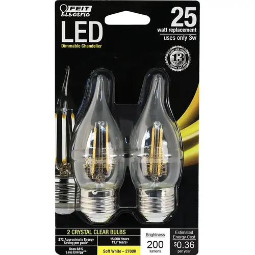Feit Electric BPEFC25927CAFL2 LED Bulb CA10 (Flame Tip) E26 (Medium) Soft White 25 Watt Equivalence Clear Pair