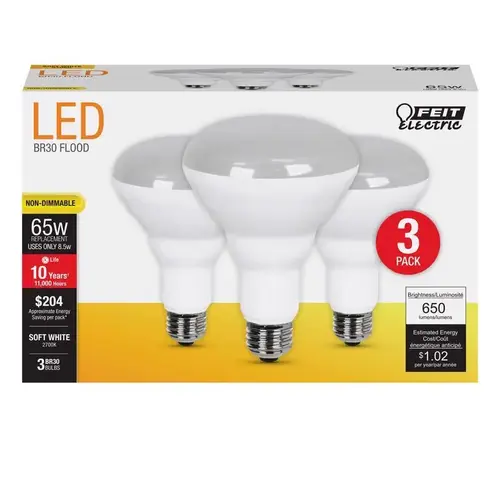 Feit Electric BR30/10KLED/3 LED Lamp, Flood/Spotlight, BR30 Lamp, 65 W Equivalent, E26 Lamp Base, Soft White Light Clear - pack of 3