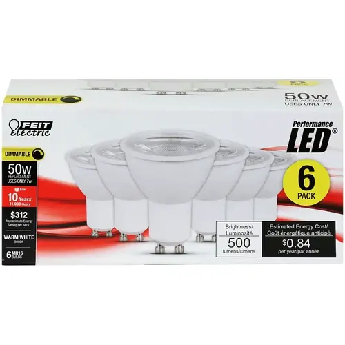 Feit Electric MR16GU10500/10KLE Feit Electric D/6 LED Bulb, Track/Recessed, 500 Lumens, 9 W, MR16 Lamp, 50 W Equivalent, GU10 Lamp Base - pack of 6
