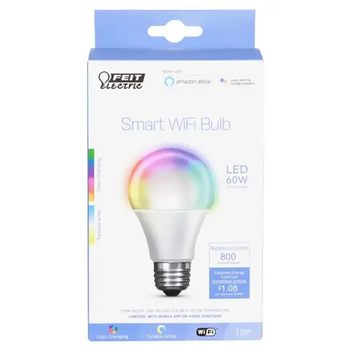 Feit Electric OM60/RGBW/CA/AG Smart WiFi LED Bulb A19 E26 (Medium) Color Changing 60 W Frosted