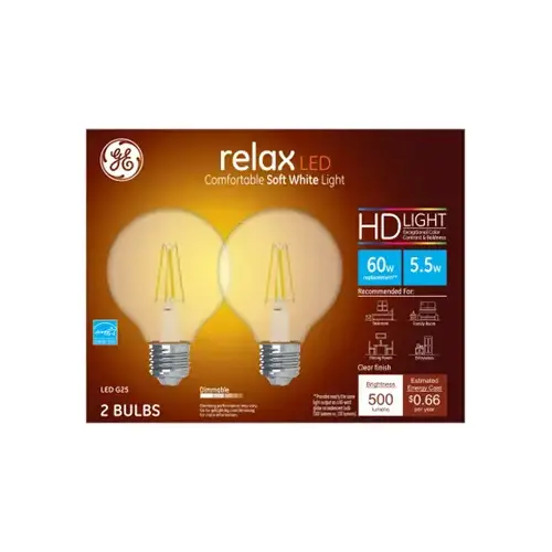GE Lighting 31544 LED Relax Globe Light Bulbs, Clear Soft White, 500 Lumens, 5.5-Watts Pair