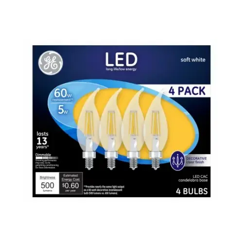GE Lighting 93129333 Decorative LED Light Bulbs, Soft White, CAC, Clear, Dimmable, 500 Lumens, 5-Watts - pack of 4