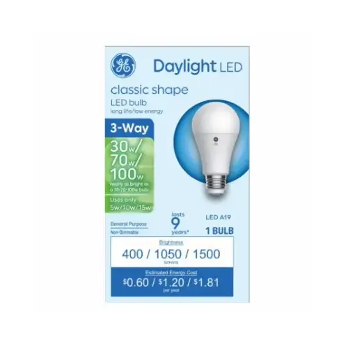 GE Lighting 93130565 LED Bulb, 3-Way, A19 Lamp, 30/70/100 W Equivalent, Medium Lamp Base, DayLight, 5000 K Color Temp