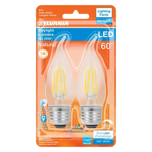 Sylvania 40760 LED Bulb Natural B10 E26 (Medium) Daylight 60 W Clear Pair