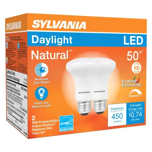 Sylvania 40790 Natural LED Bulb, Spotlight, R20 Lamp, 45 W Equivalent, E26 Lamp Base, Dimmable, Frosted, Daylight Light Pair