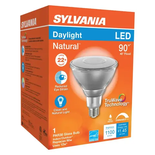 Sylvania 40902 Natural LED Bulb, Spotlight, PAR38 Lamp, E26 Lamp Base, Dimmable, Daylight Light, 5000 K Color Temp Glass