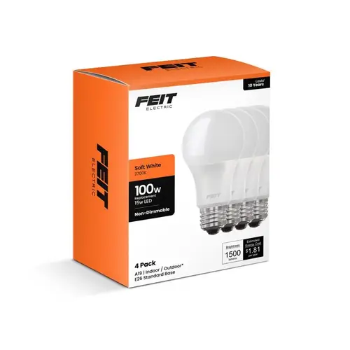 Feit A160082710KLED4 LED Bulb A19 E26 (Medium) Soft White 100 Watt Equivalence Soft White
