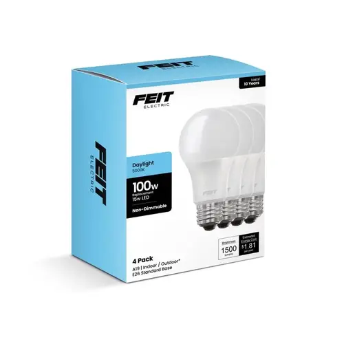 Feit A160085010KLED4 LED Bulb A19 E26 (Medium) Daylight 100 Watt Equivalence Daylight