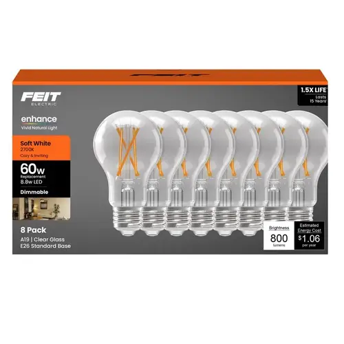 Feit A1960CL927FL8GB Filament LED Bulb A19 E26 (Medium) Soft White 60 Watt Equivalence Clear
