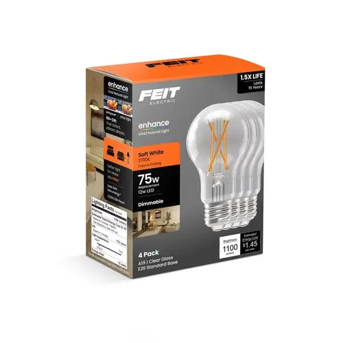 Feit A1975CL927/FIL4 Filament LED Bulb A19 E26 (Medium) Soft White 75 Watt Equivalence Clear