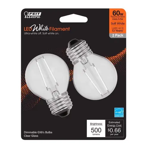 Feit BPGM60927WFIL2 Filament LED Bulb White Filament G16.5 E26 (Medium) Soft White 60 Watt Equivalence Clear