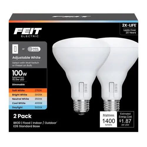 Feit BR30100DM6WYCA2 LED Bulb BR30 E26 (Medium) Adjustable White 100 Watt Equivalence White
