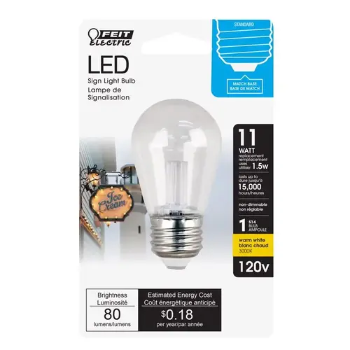 Feit Electric BPS14/SU/LED LED Lamp, Decorative, S14 Lamp, 11 W Equivalent, E26 Lamp Base, Clear, Warm White Light
