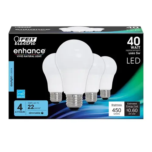 Feit Electric OM40DM/950CA/4 LED Lamp, General Purpose, A19 Lamp, 40 W Equivalent, E26 Lamp Base, Dimmable White - pack of 4