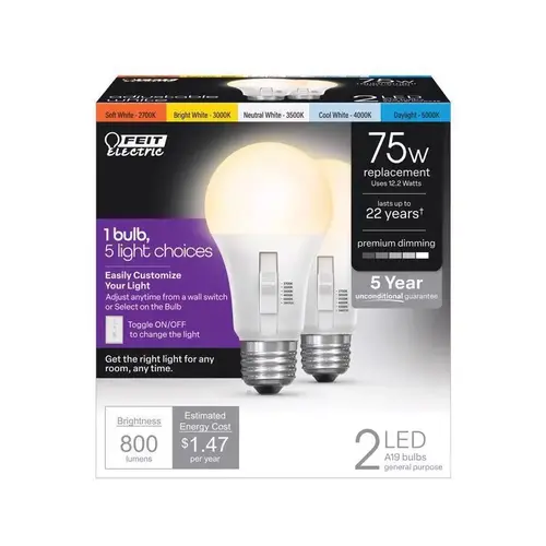 Feit Electric OM75DM/6WYCA/2 LED Light Bulb A19 E26 (Medium) Tunable White/Color Changing 75 Watt Equivalence