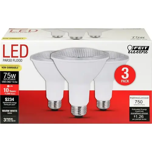 Feit Electric PAR30L7510KLED3 LED Lamp, Flood/Spotlight, PAR30 Lamp, 75 W Equivalent, E26 Lamp Base, Warm White Light Clear - pack of 3