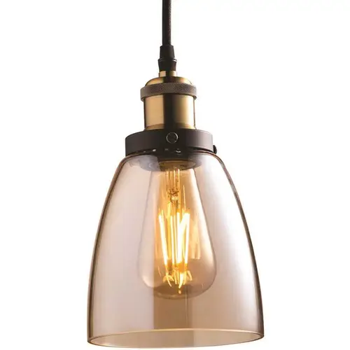 Feit Electric PN6AG/BZ/ST19LED/4 Light Brass Pendant Fixture with Amber Shade and ST19 Dimmable LED Edison Amber Glass Filament Light Bulb Color/Finish Family - pack of 4