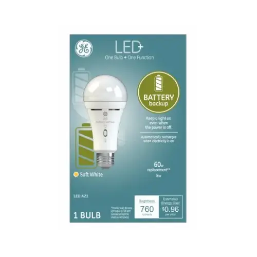 GE 93099986 LED Smart Battery Backup Bulb LED  A21 E26 (Medium) Soft White 60 W Frosted